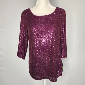 Alex Evenings Purple Sequin Short Sleeve Blouse Top Size Small NWT